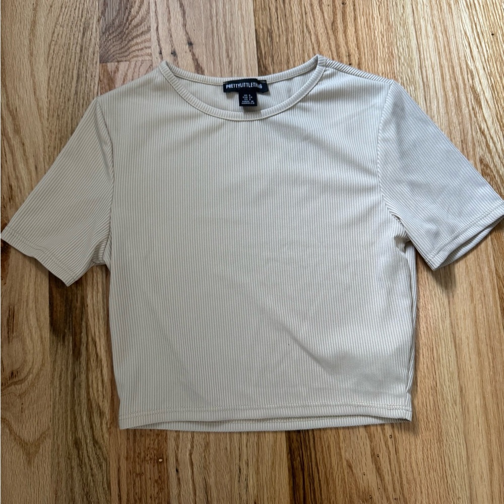 PrettyLittleThing Beige Ribbed Crop Top
